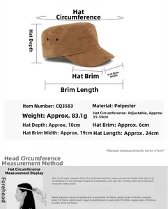 Size chart for faux suede cadet cap with adjustable circumference and detailed measurements