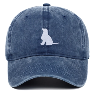 Blue washed denim baseball cap with white dog silhouette embroidery in front view