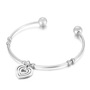 Elegant silver heart pendant open bangle in stainless steel with multi-layer charms
