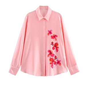 Chemisier En Satin Pour Femmes Imprimé Floral Manches Longues Col À Revers Élégant Rose