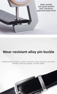 Detail of 4mm thick top grain leather belt with durable alloy pin buckle