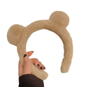 Cute beige plush bear ear headband for women, soft hairband for washing face and skincare