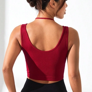 Slim fit deep red ribbed yoga crop top with U-shaped back and thin strap detail