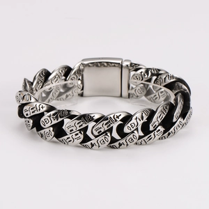 Vintage stainless steel cuban chain bracelet with engraved tribal patterns for men