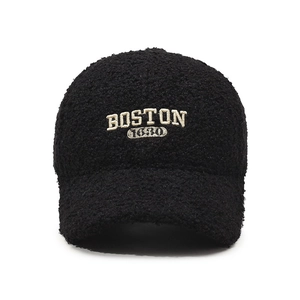 Winter warm black teddy fleece baseball cap with Boston 1630 embroidery for women