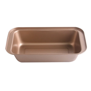 Close-up of rose gold non-stick rectangular baking pan with rolled edges on white background