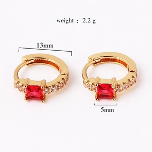 Gold plated hoop earrings with red square zircon and clear crystals 13mm diameter