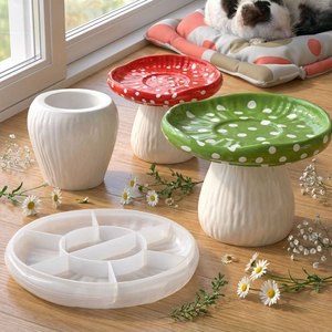 Polka dot mushroom resin tray with ceramic jar and slow feeder plate for pets