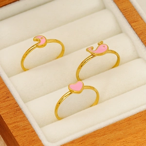 Three-piece gold titanium steel heart and whale adjustable rings with pink enamel