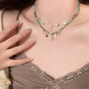 French vintage gold star and moon necklace with turquoise beads and sequins layering style