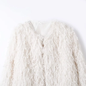 White casual women's jacket featuring stylish feather-like tassels and textured finish