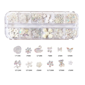 Detailed 12-grid nail art kit with resin flowers, aurora butterflies and various charms