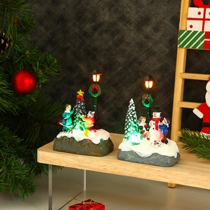 LED lighted Christmas resin miniature house with snowman and tree holiday desktop decor