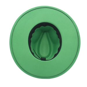 Detail of green fedora hat interior showing the 65% polyester and 35% cotton care label
