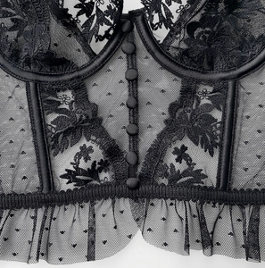 Macro detail of black floral lace lingerie with button front and mesh ruffle hem
