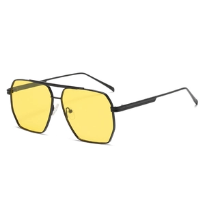 Double-bridge pilot sunglasses with yellow lenses and black metal frame in 45-degree view