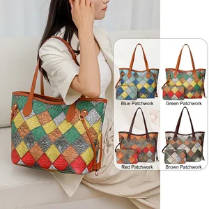 Grand sac cabas en cuir patchwork pour femmes avec pochette assortie en quatre couleurs