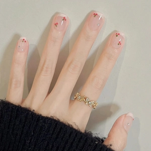 French Cherry Pink Press On Nails Handcrafted Rhinestone Short Square Reusable Fake Nails For Women Girl Sweet Style