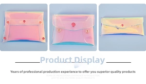 Detailed view of holographic PVC storage bags in square, envelope, and pencil styles