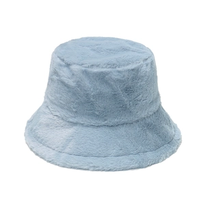Close-up detail of light blue plush bucket hat texture and soft faux fur material