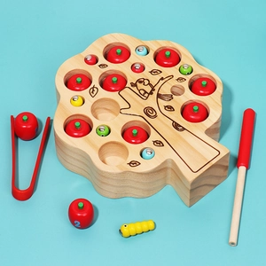 Educational wooden apple tree toy with magnetic worms for kids fine motor skill training
