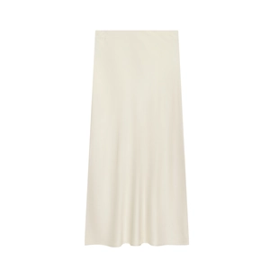 Elegant apricot satin midi skirt with minimalist straight cut and silky finish