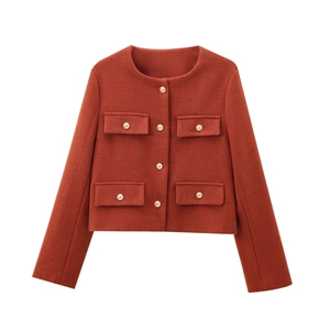 Women's cropped tweed blazer in brick red with decorative gold buttons and flap pockets