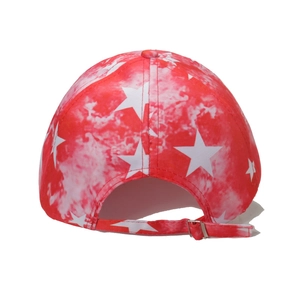 Detail view of the tie-dye baseball cap back with red adjustable strap and metal buckle