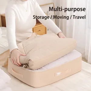 Large beige satin storage bag for bedding and clothes with wide handles and zipper closure