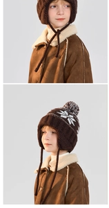 Detail of warm winter knit earflap hat with pompom and plush shearling suede jacket