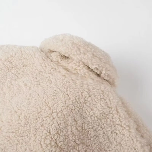 Close-up of beige faux shearling fabric showing soft curly texture and collar stitching