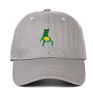 Detailed view of the frog embroidery and twill cotton texture on a grey baseball cap