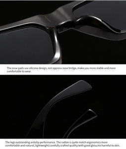Detail of comfortable silicone nose pads and ergonomic non-slip temples of black sunglasses