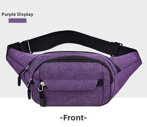 Front view of purple water-repellent nylon waist bag with multiple zipper pockets
