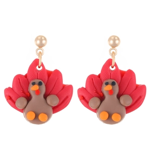 Handmade polymer clay turkey earrings with colorful tail feathers for Thanksgiving holiday