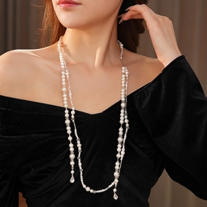 French vintage multilayer pearl necklace with sparkling rhinestone pendant for women