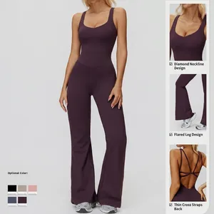 Plum yoga bodysuit featuring diamond neckline, cross back straps and flared leggings