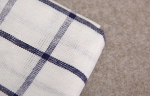 Close-up of white and dark blue checkered cotton napkin showing detailed fabric texture