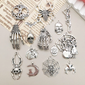 Halloween Pendants Zinc Alloy Charms Skull Spider Bat Witch DIY Jewelry Making Gothic Retro Style Antique Silver
