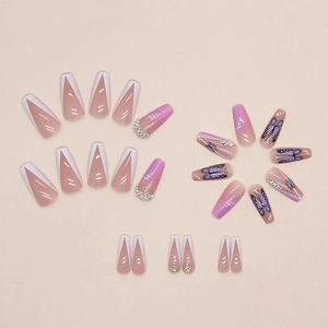 French tip coffin fake nails with purple gradient, butterfly patterns and rhinestones
