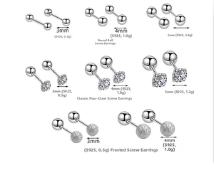 Macro view of S925 silver stud earrings with screw backs and size specifications