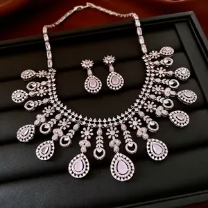 Luxury Teardrop Zircon Necklace Earrings Jewelry Set With Silver Earring Post Copper Vintage Palace Style Women