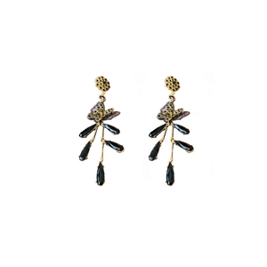 Elegant gold bow earrings with leopard studs and black teardrop crystal tassels
