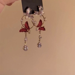 Elegant red butterfly tassel earrings with crystals and gold finish for women