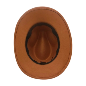 Internal view of the brown wool fedora hat showing the black inner sweatband detail