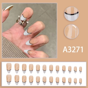 French tip light blue amber style press-on nails with 24pcs almond shape almond set