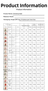 Detailed size chart for assorted plastic Christmas ornaments including Santa and trees