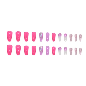 Long ballerina press-on nails with rose red, purple gradient and sparkling rhinestones