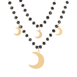 Double-layered gold necklace with black faceted crystal beads and crescent moon pendants