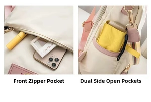 Detail view of the front zipper pocket and side open pockets on the beige backpack